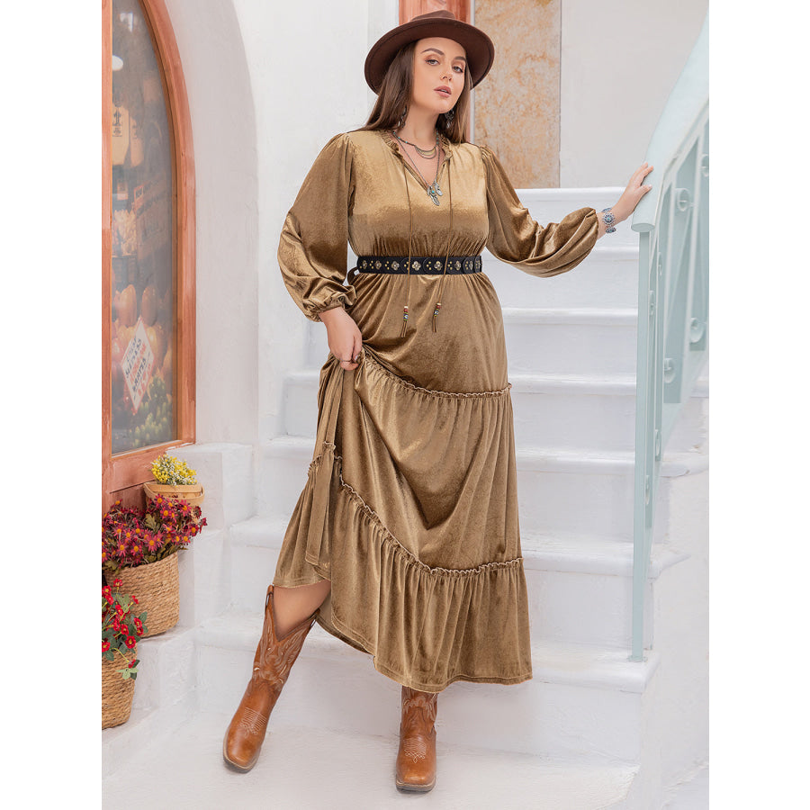 Plus Size Frill Tie Neck Long Sleeve Dress Apparel and Accessories