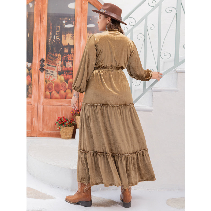 Plus Size Frill Tie Neck Long Sleeve Dress Camel / 0XL Apparel and Accessories