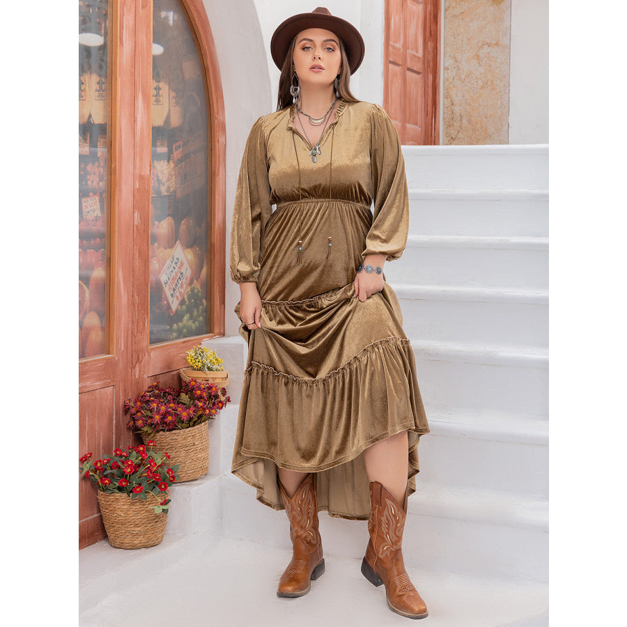 Plus Size Frill Tie Neck Long Sleeve Dress Apparel and Accessories