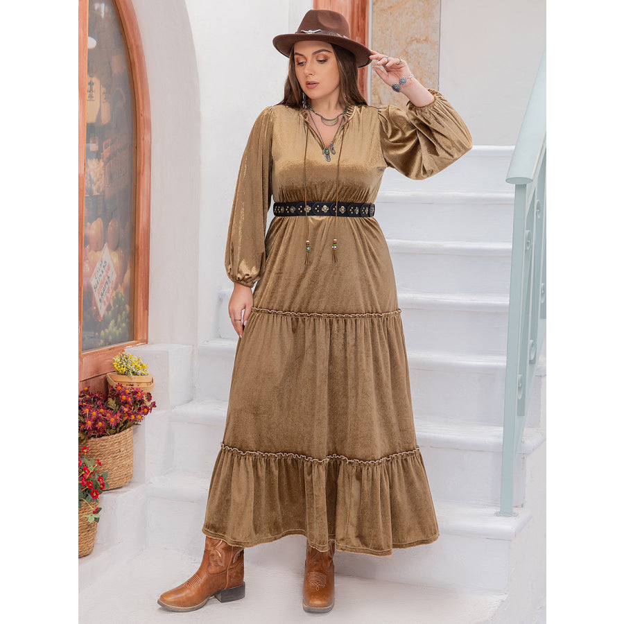 Plus Size Frill Tie Neck Long Sleeve Dress Camel / 0XL Apparel and Accessories