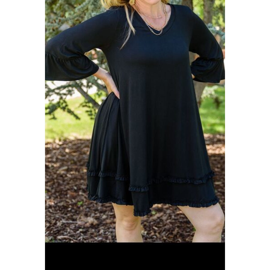 Plus Size Frill Trim Flounce Sleeve Dress Black / 1XL Clothing