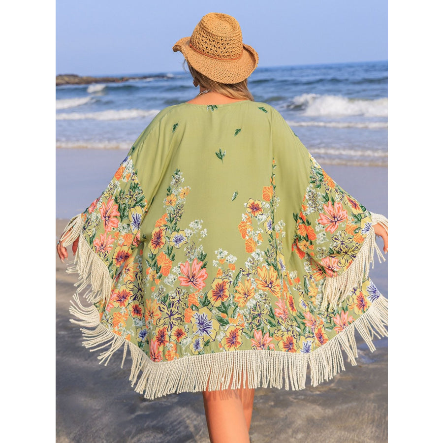 Plus Size Fringe Open Front Cover-Up Sage / 0XL Apparel and Accessories