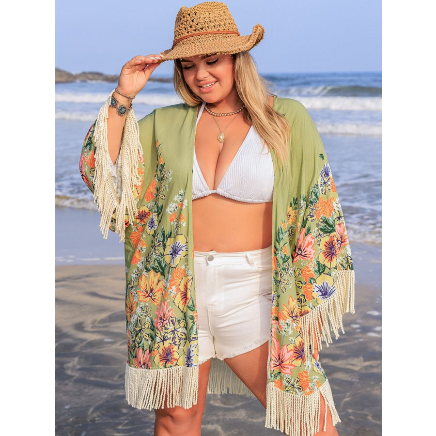 Plus Size Fringe Open Front Cover-Up Sage / 0XL Apparel and Accessories