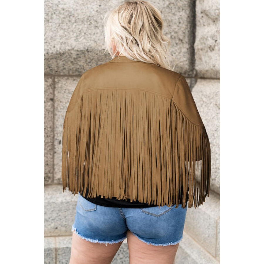 Plus Size Fringe Open Front Jacket Camel / 1XL Apparel and Accessories
