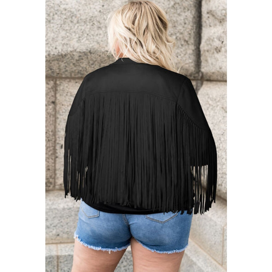Plus Size Fringe Open Front Jacket Black / 1XL Apparel and Accessories