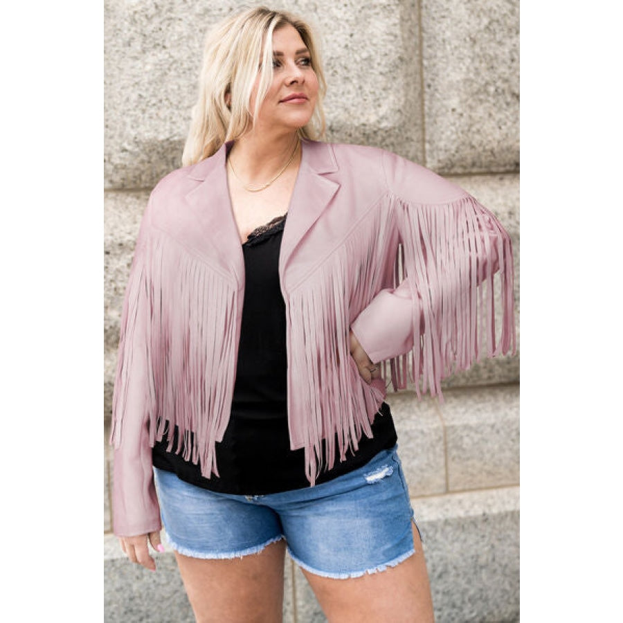 Plus Size Fringe Open Front Jacket Blush Pink / 1XL Apparel and Accessories