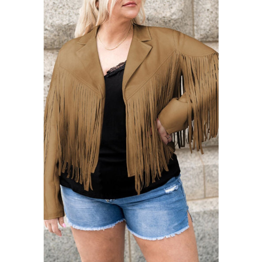 Plus Size Fringe Open Front Jacket Camel / 1XL Apparel and Accessories
