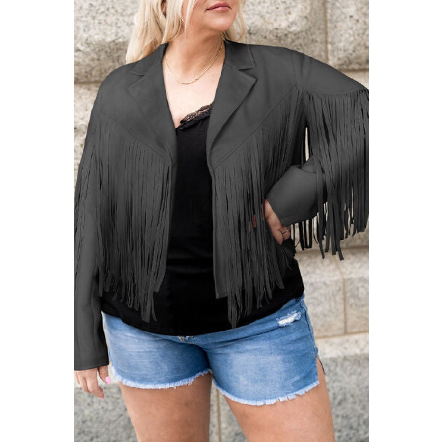 Plus Size Fringe Open Front Jacket Charcoal / 1XL Apparel and Accessories
