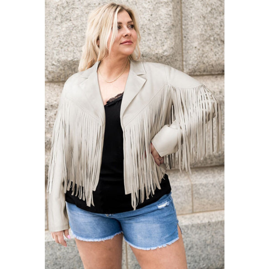 Plus Size Fringe Open Front Jacket Cream / 1XL Apparel and Accessories