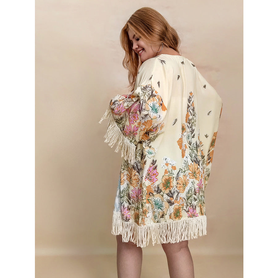 Plus Size Fringe Printed Open Front Cardigan Tan / 0XL Apparel and Accessories