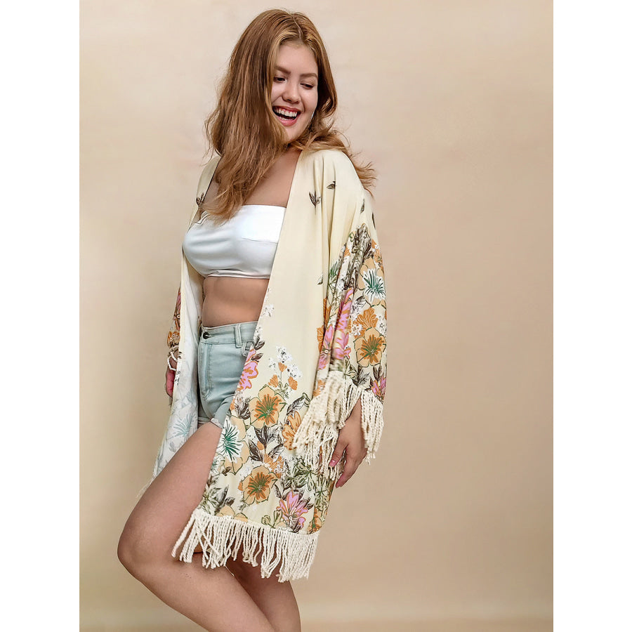 Plus Size Fringe Printed Open Front Cardigan Apparel and Accessories