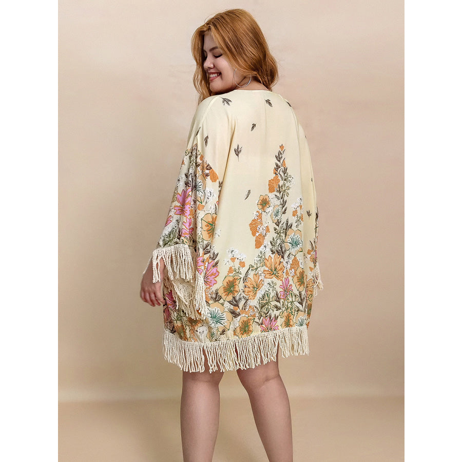 Plus Size Fringe Printed Open Front Cardigan Apparel and Accessories