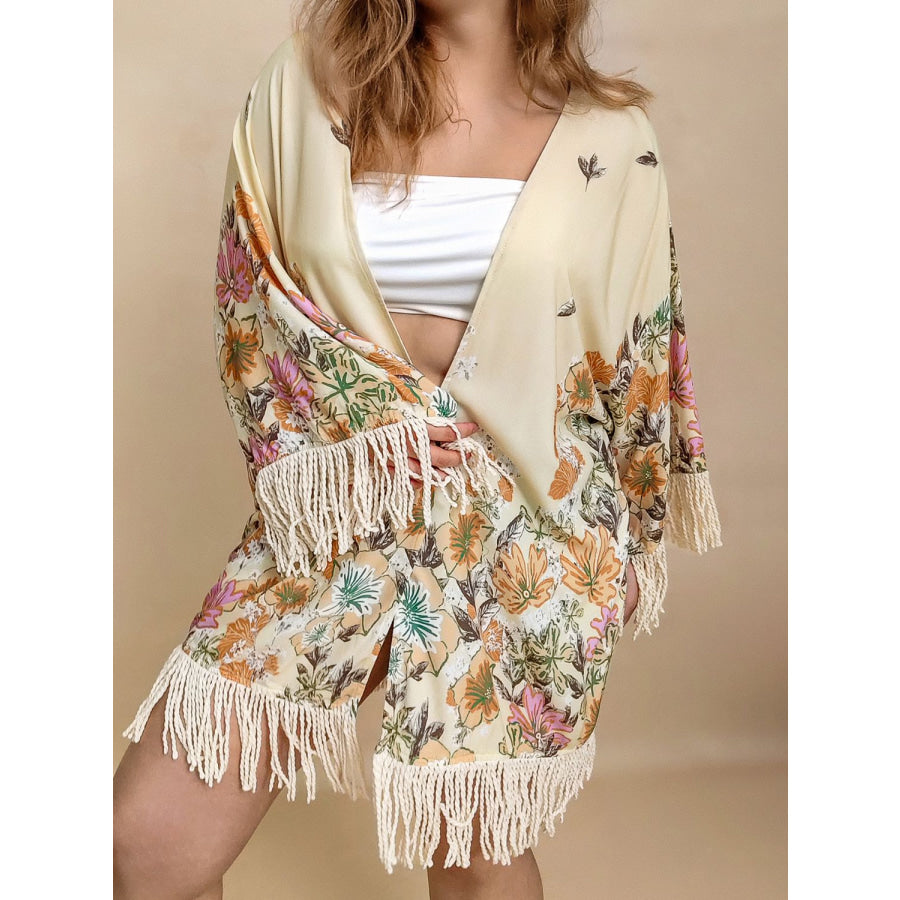 Plus Size Fringe Printed Open Front Cardigan Tan / 0XL Apparel and Accessories