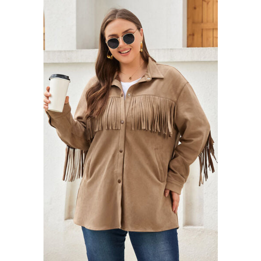 Plus Size Fringe Trim Snap Down Long Sleeve Shacket Caramel / 1XL Clothing