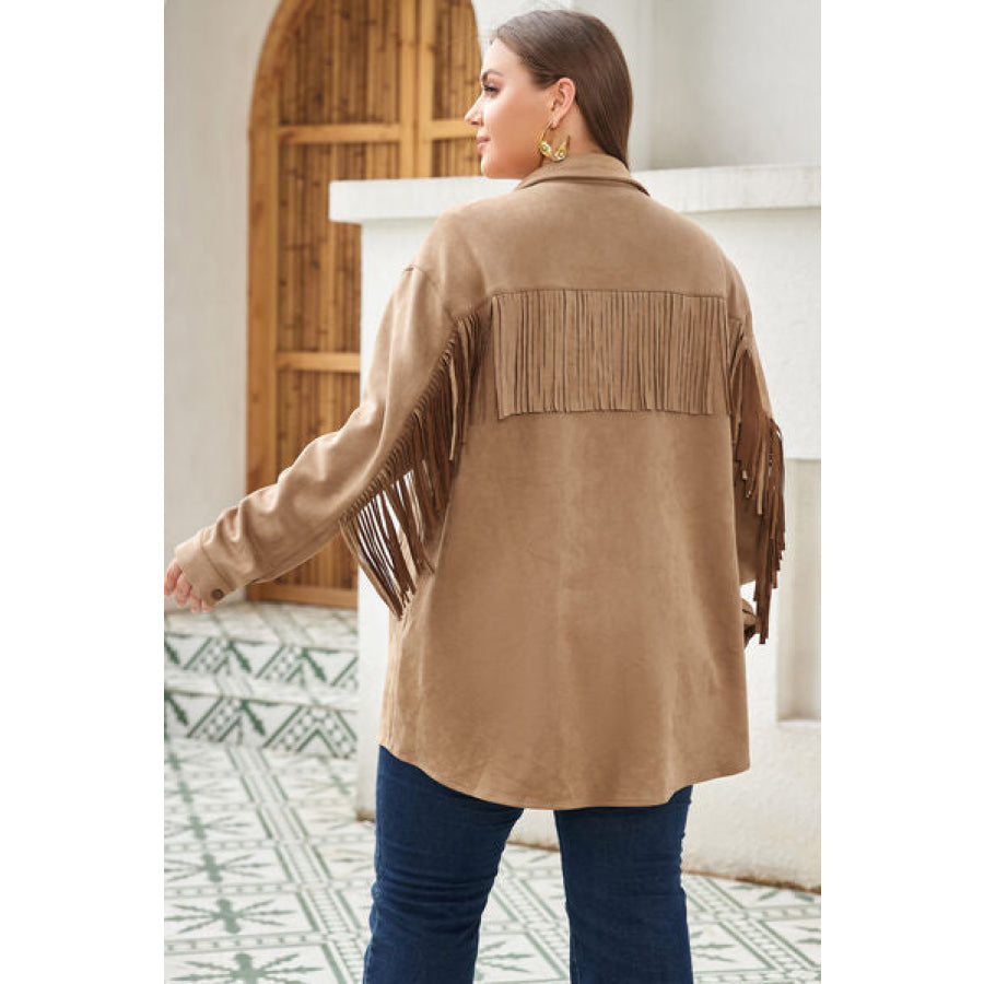 Plus Size Fringe Trim Snap Down Long Sleeve Shacket Caramel / 1XL Clothing