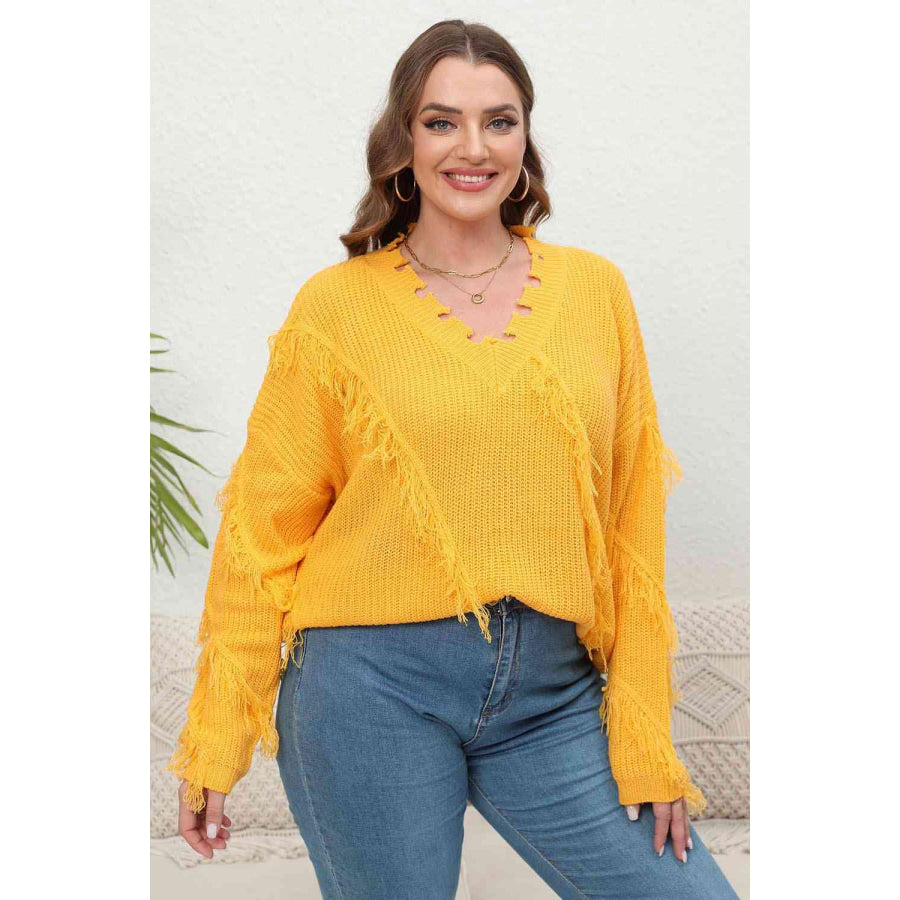 Plus Size Fringe V-Neck Long Sleeve Sweater Banana Yellow / 1XL
