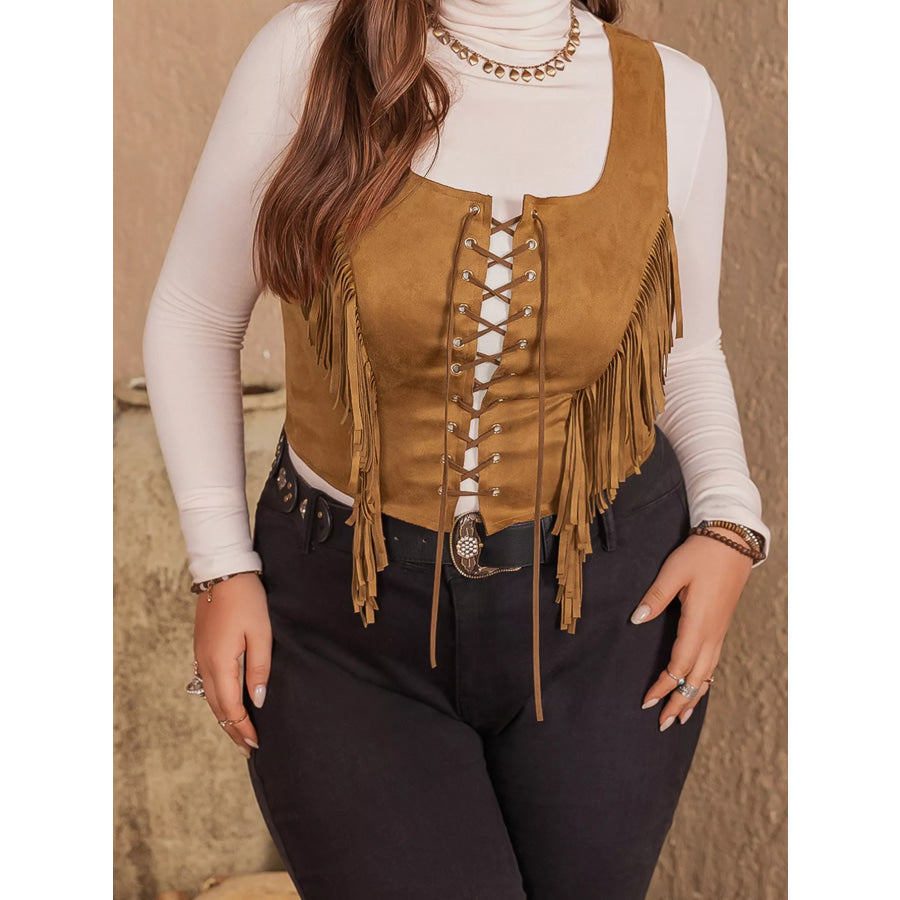 Plus Size Fringed Lace-Up Suede Vest Apparel and Accessories