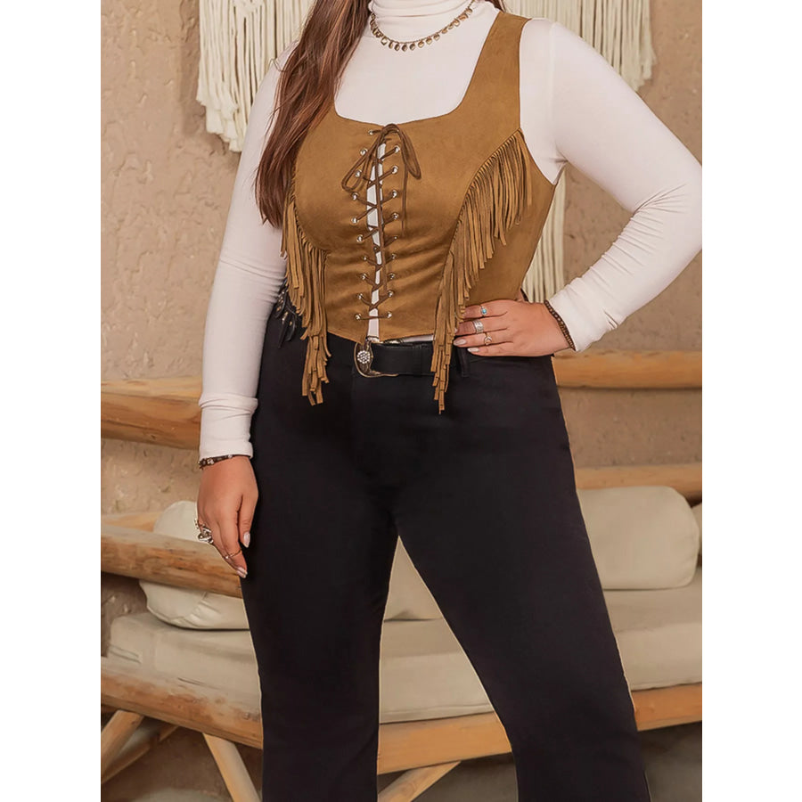 Plus Size Fringed Lace-Up Suede Vest Apparel and Accessories
