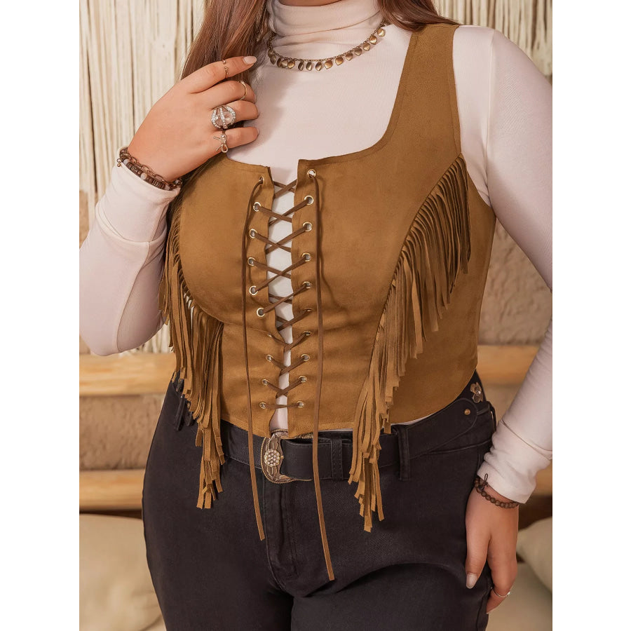 Plus Size Fringed Lace-Up Suede Vest Apparel and Accessories