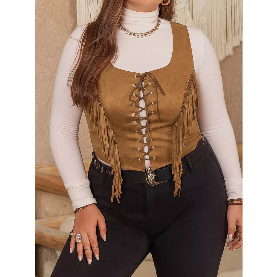 Plus Size Fringed Lace-Up Suede Vest Apparel and Accessories