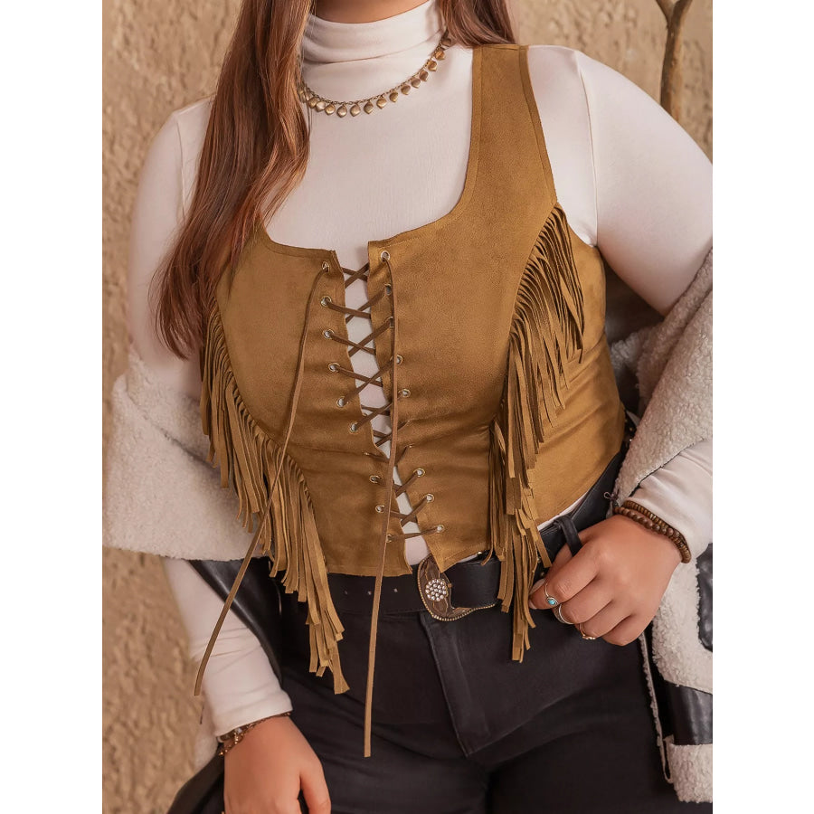 Plus Size Fringed Lace-Up Suede Vest Caramel / 0XL Apparel and Accessories