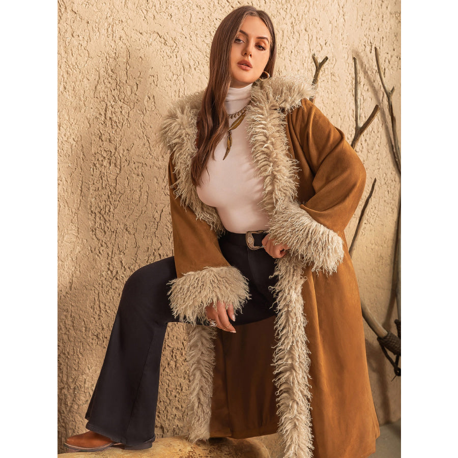 Plus Size Furry Trim Open Front Long Sleeve Coat Apparel and Accessories
