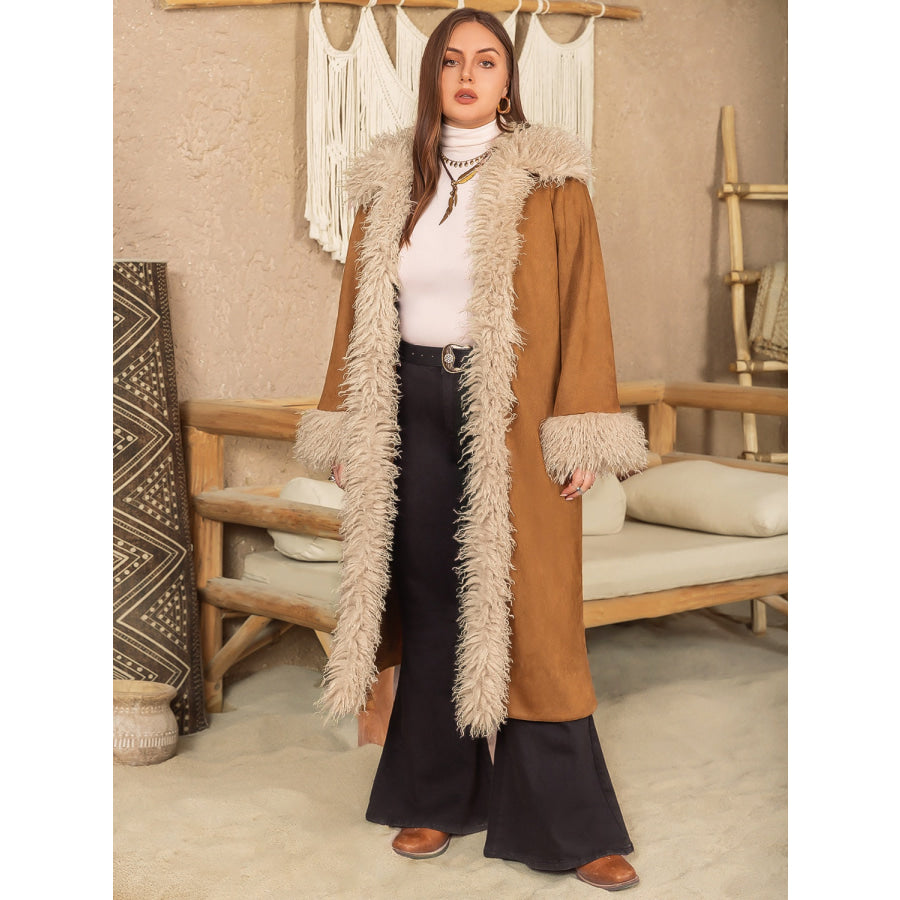 Plus Size Furry Trim Open Front Long Sleeve Coat Apparel and Accessories