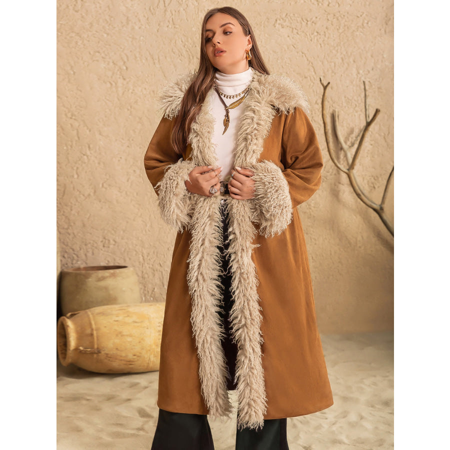 Plus Size Furry Trim Open Front Long Sleeve Coat Apparel and Accessories