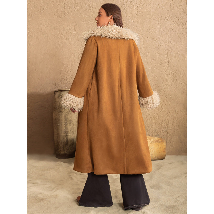 Plus Size Furry Trim Open Front Long Sleeve Coat Caramel / 0XL Apparel and Accessories