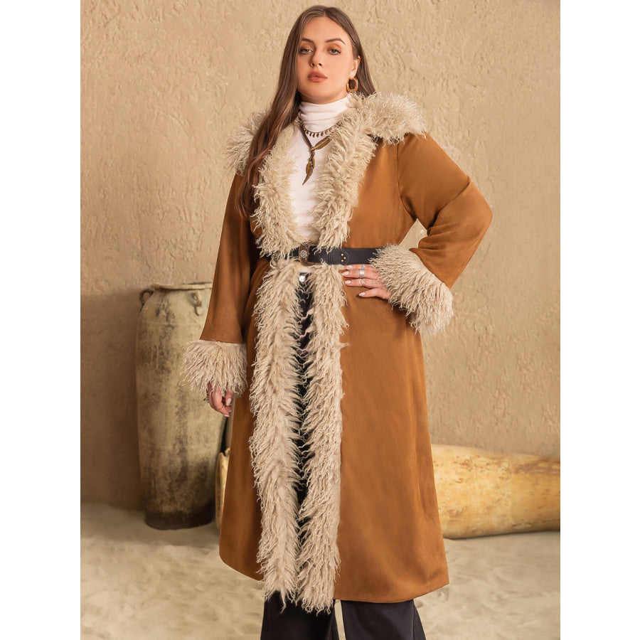 Plus Size Furry Trim Open Front Long Sleeve Coat Caramel / 0XL Apparel and Accessories