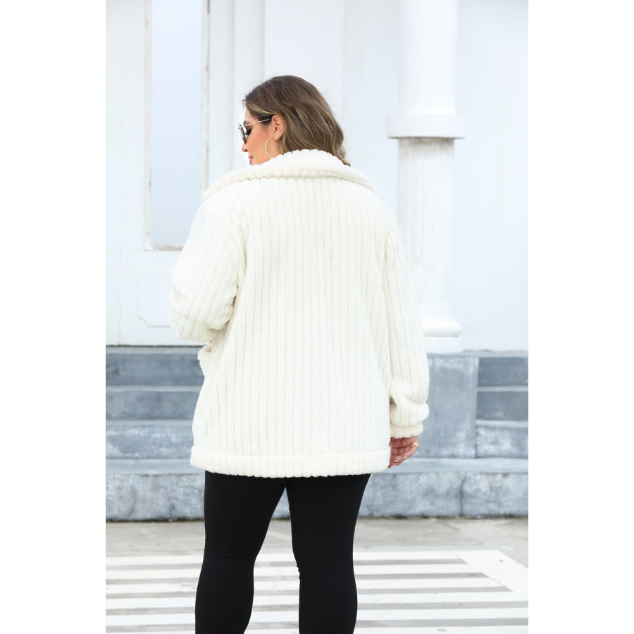 Plus Size Fuzzy Collared Neck Long Sleeve Jacket Apparel and Accessories