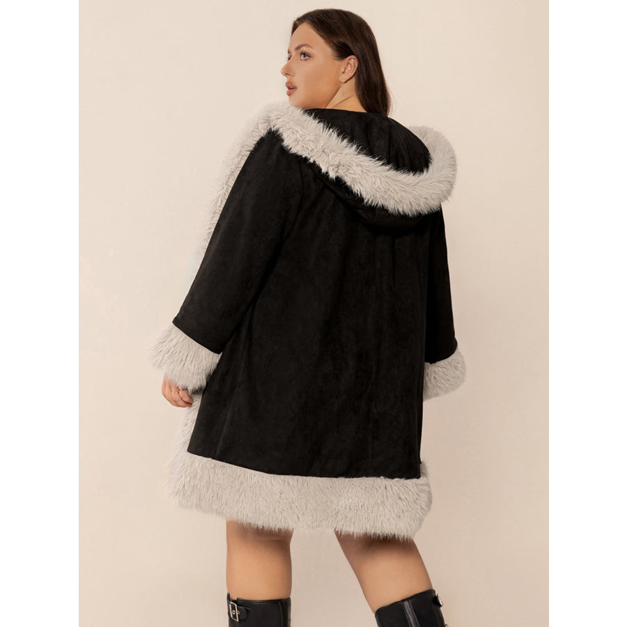 Plus Size Fuzzy Trim Open Front Long Sleeve Hooded Coat Apparel and Accessories