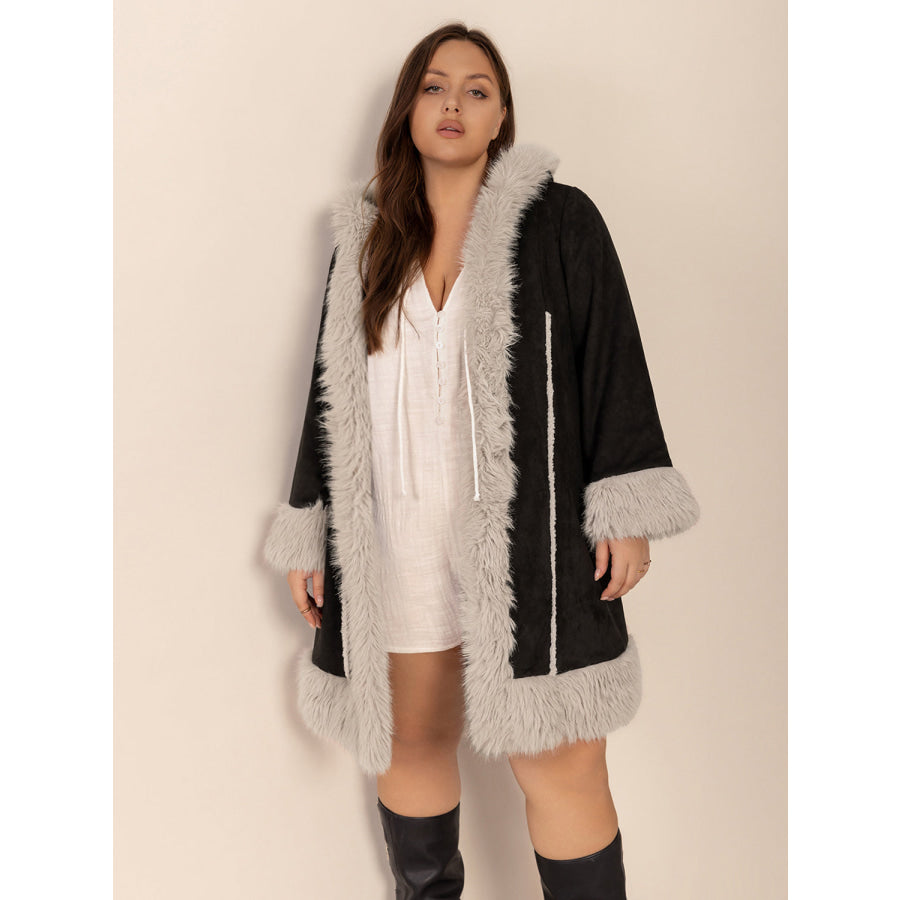 Plus Size Fuzzy Trim Open Front Long Sleeve Hooded Coat Apparel and Accessories