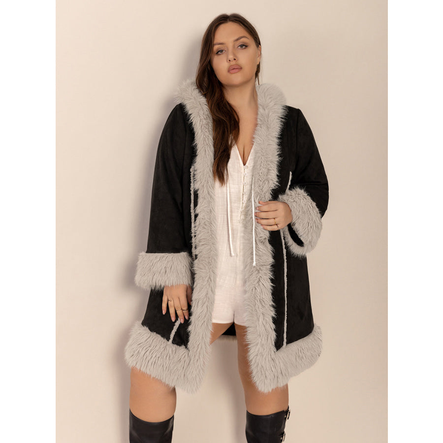 Plus Size Fuzzy Trim Open Front Long Sleeve Hooded Coat Apparel and Accessories