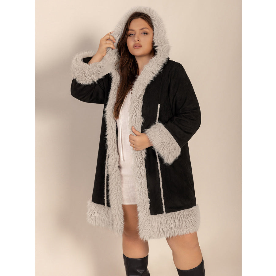 Plus Size Fuzzy Trim Open Front Long Sleeve Hooded Coat Apparel and Accessories