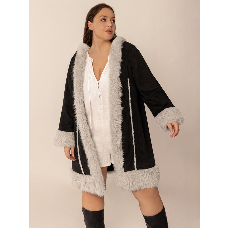 Plus Size Fuzzy Trim Open Front Long Sleeve Hooded Coat Apparel and Accessories