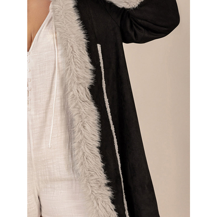 Plus Size Fuzzy Trim Open Front Long Sleeve Hooded Coat Apparel and Accessories