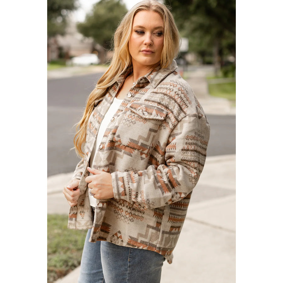 Plus Size Geometric Collared Neck Long Sleeve Jacket Apparel and Accessories