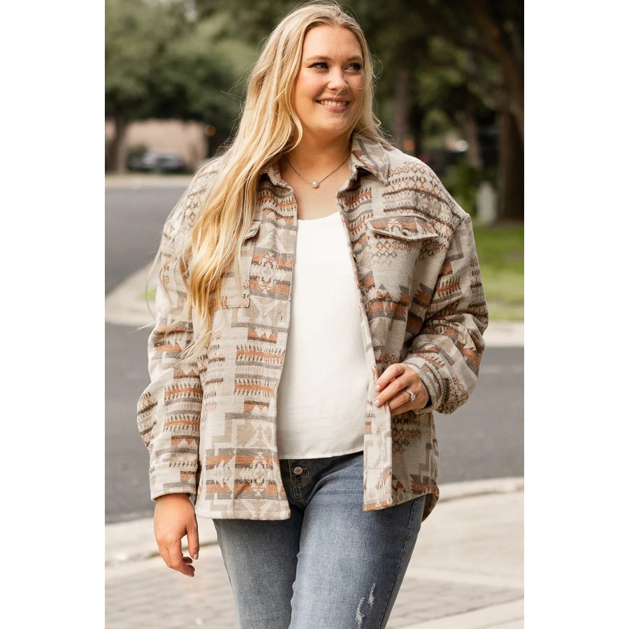 Plus Size Geometric Collared Neck Long Sleeve Jacket Dust Storm / 1XL Apparel and Accessories