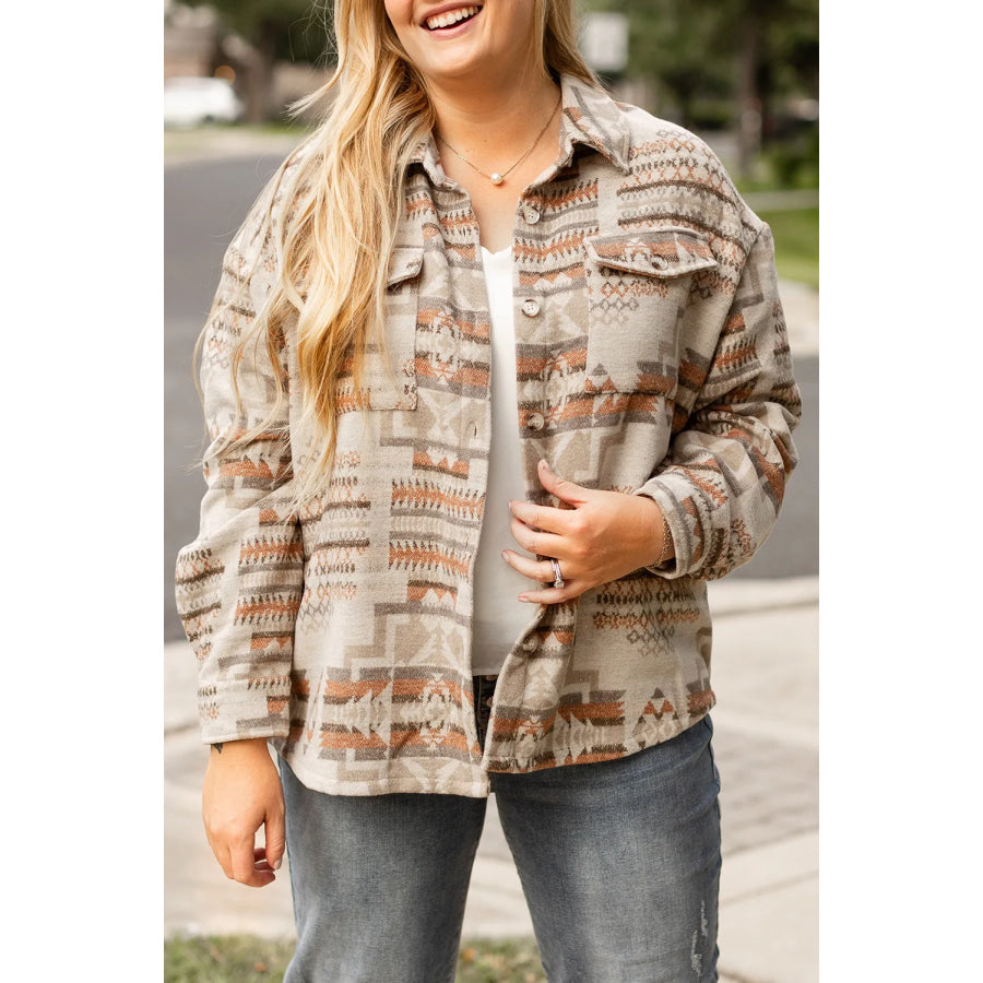 Plus Size Geometric Collared Neck Long Sleeve Jacket Dust Storm / 1XL Apparel and Accessories