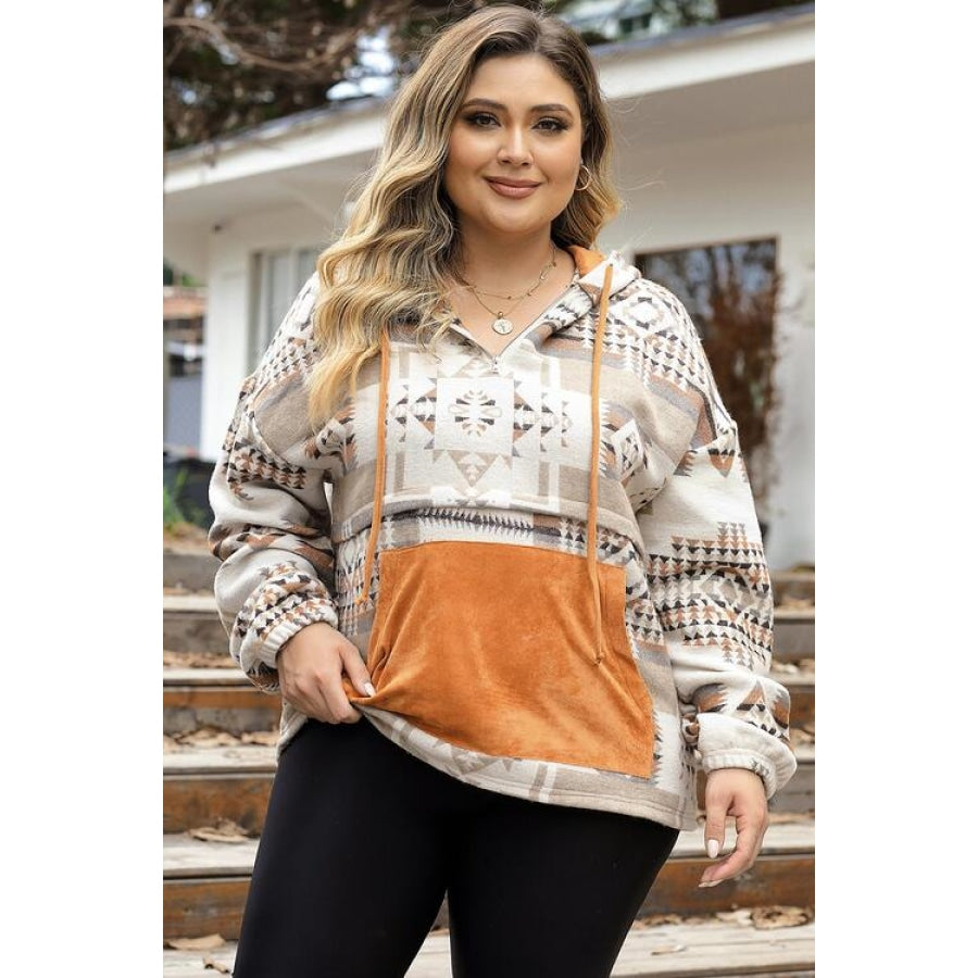 Plus Size Geometric Print Kangaroo Pockets Hoodie Sherbet / 1XL