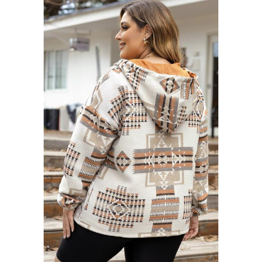 Plus Size Geometric Print Kangaroo Pockets Hoodie