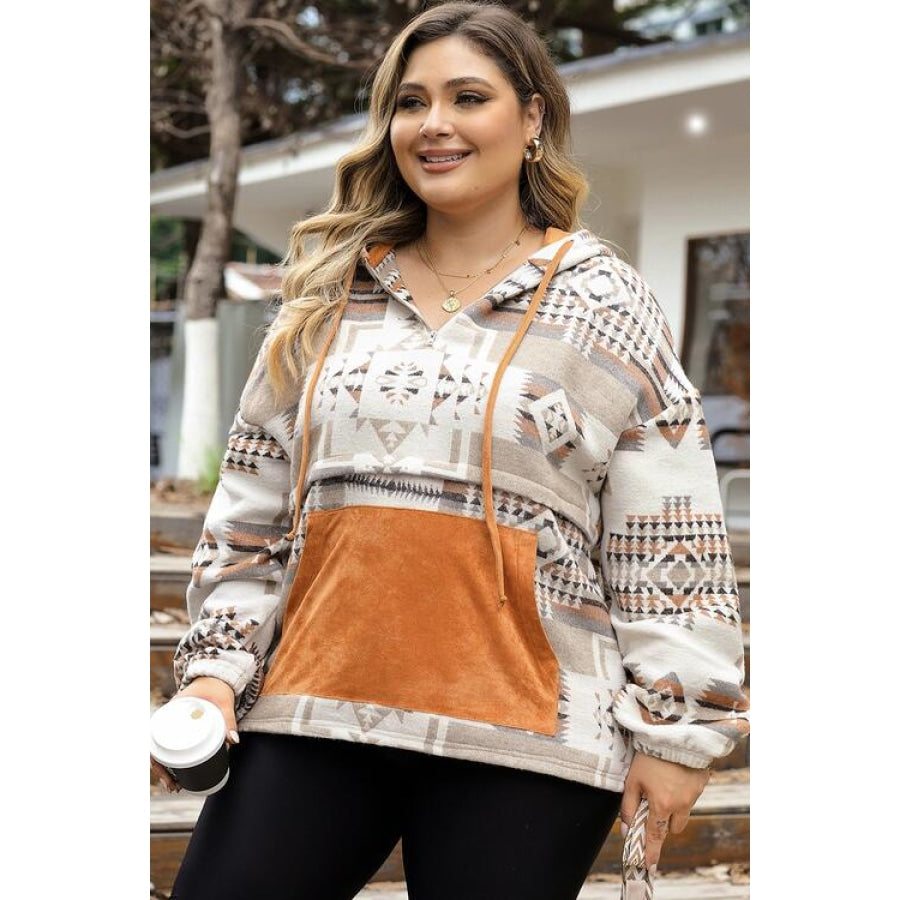 Plus Size Geometric Print Kangaroo Pockets Hoodie