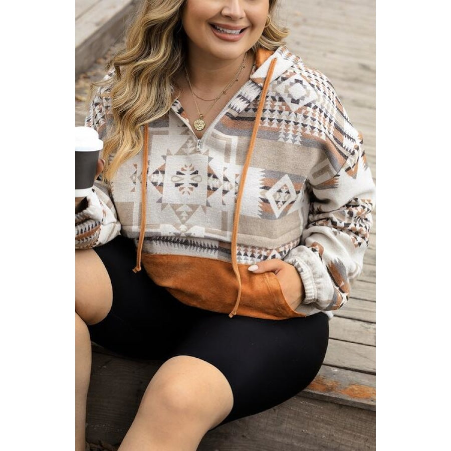 Plus Size Geometric Print Kangaroo Pockets Hoodie