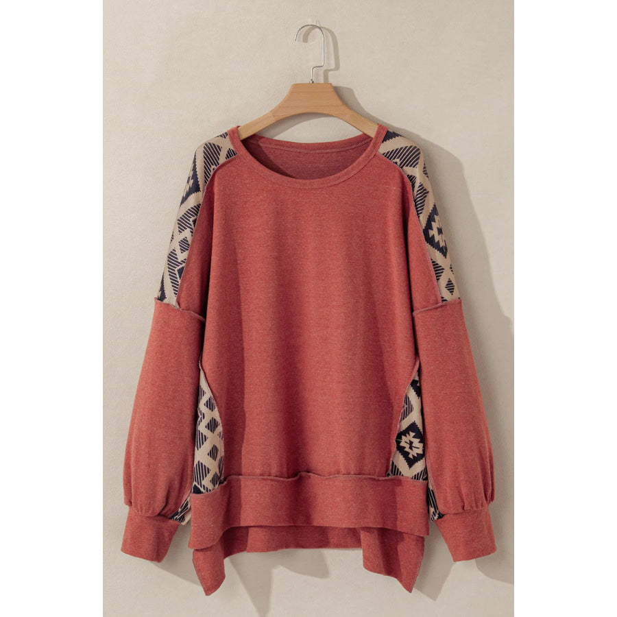 Plus Size Geometric Round Neck Long Sleeve Sweatshirt Apparel and Accessories