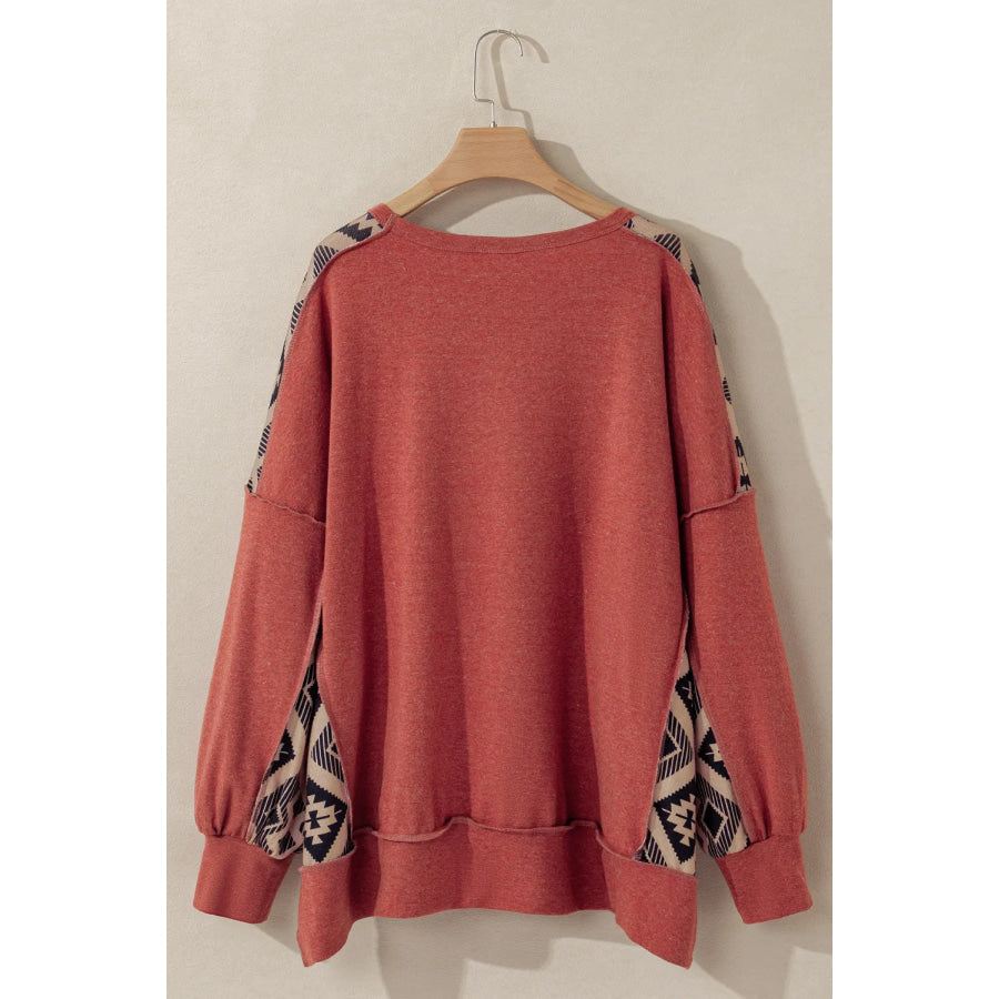 Plus Size Geometric Round Neck Long Sleeve Sweatshirt Apparel and Accessories