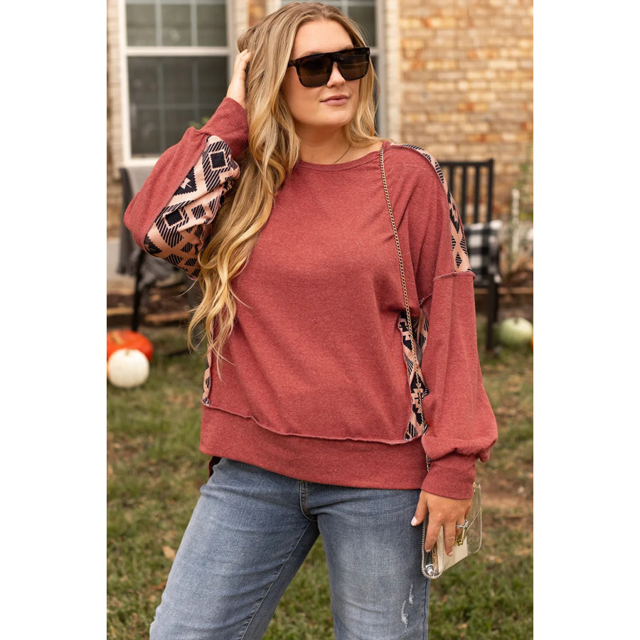 Plus Size Geometric Round Neck Long Sleeve Sweatshirt Rust / 1XL Apparel and Accessories