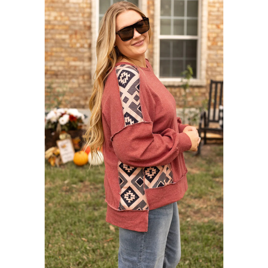 Plus Size Geometric Round Neck Long Sleeve Sweatshirt Apparel and Accessories