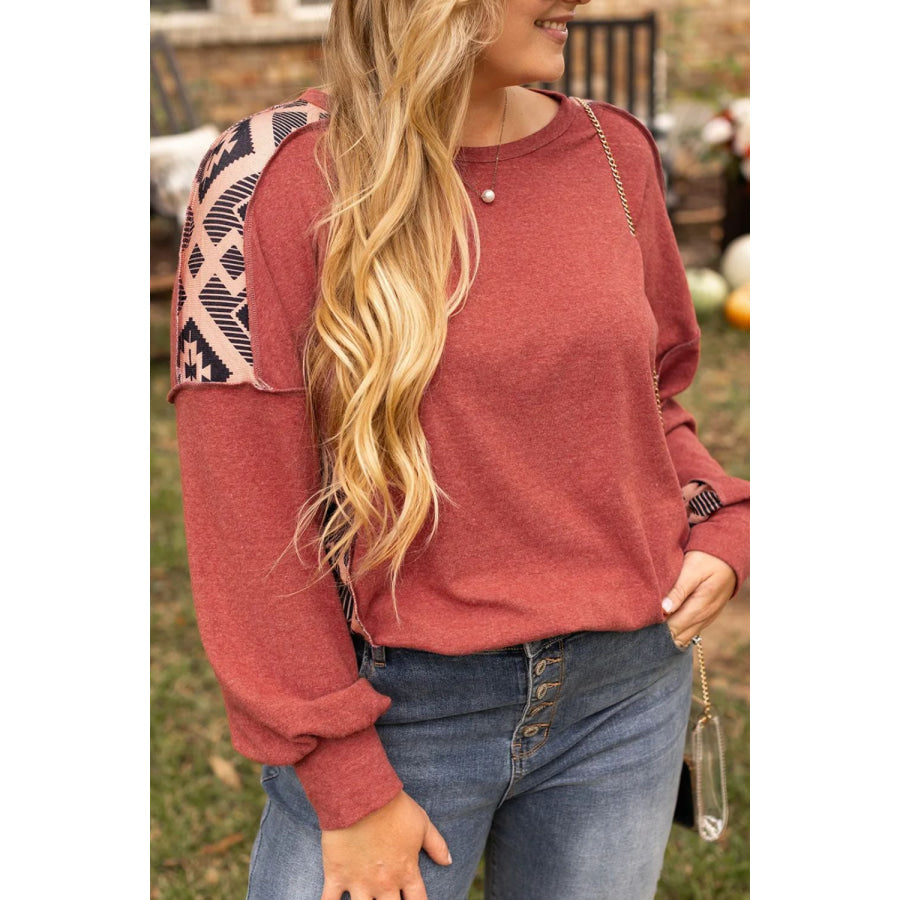 Plus Size Geometric Round Neck Long Sleeve Sweatshirt Rust / 1XL Apparel and Accessories