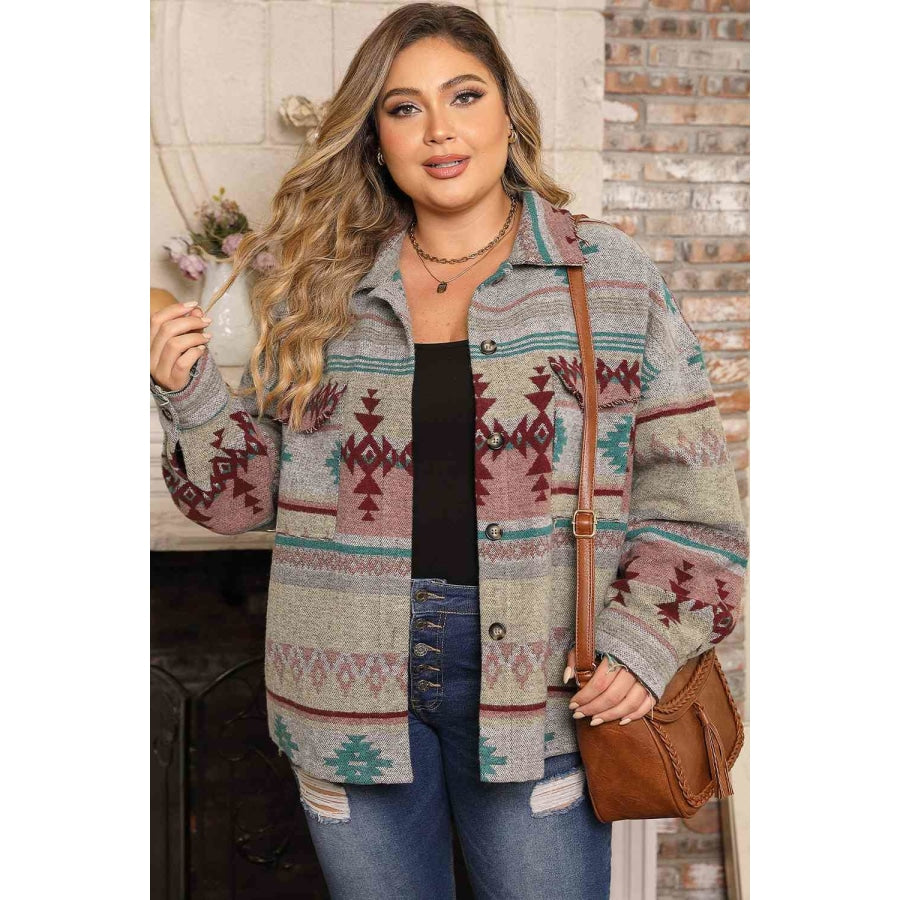 Plus Size Geometric Slit Button Up Jacket Charcoal / 1XL